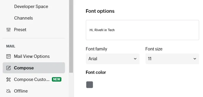 Screenshot of Zoho Mail settings
